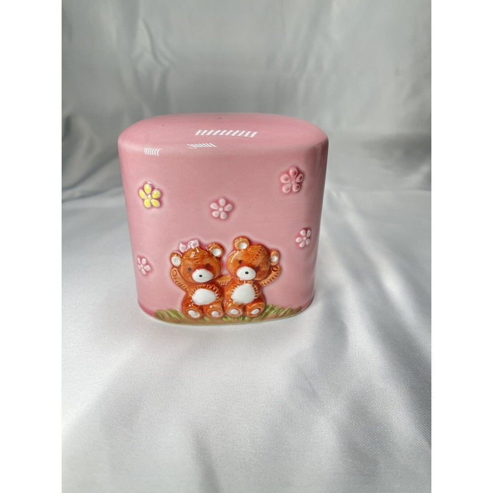 RARE VINTAGE UCTCI JAPAN POTTERY BANK GIRL BEARS PINK COIN PIGGY BANK